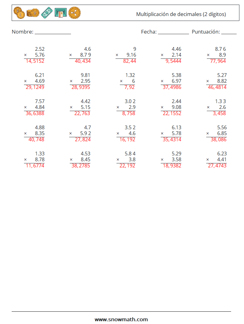 (25) Multiplicación de decimales (2 dígitos) Hojas de trabajo de matemáticas 8 Pregunta, respuesta