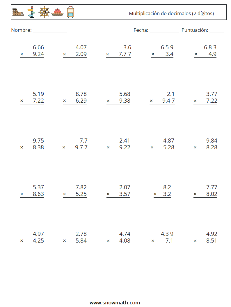 (25) Multiplicación de decimales (2 dígitos) Hojas de trabajo de matemáticas 9