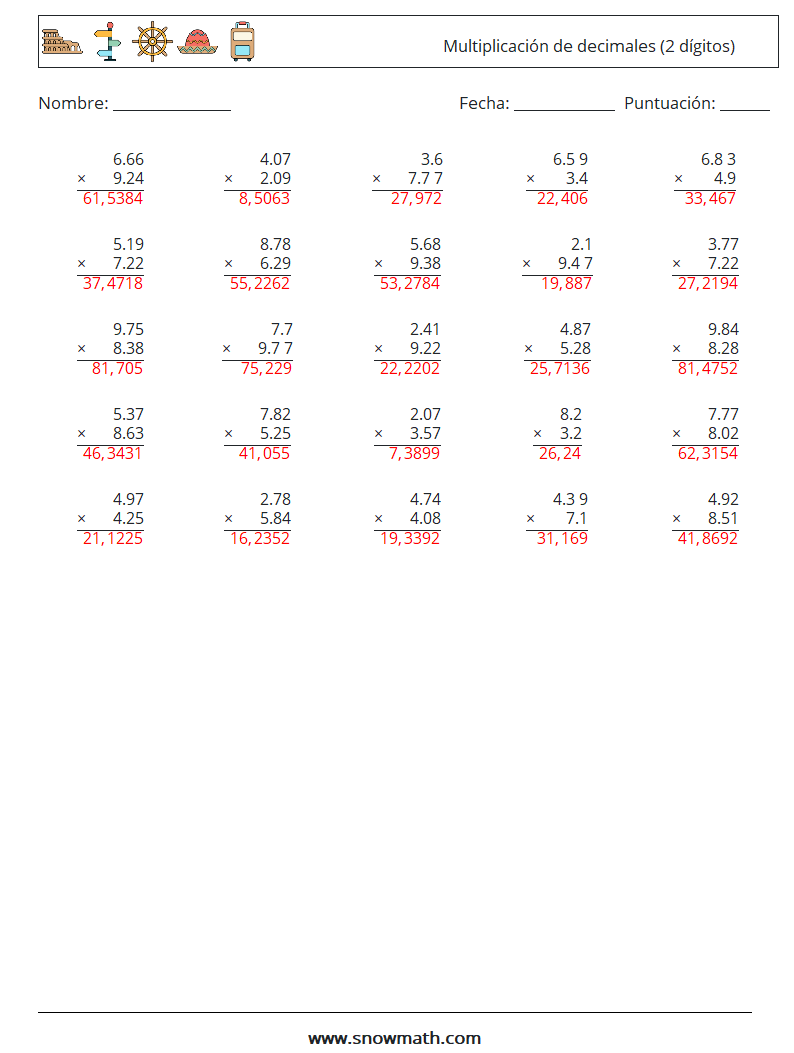 (25) Multiplicación de decimales (2 dígitos) Hojas de trabajo de matemáticas 9 Pregunta, respuesta