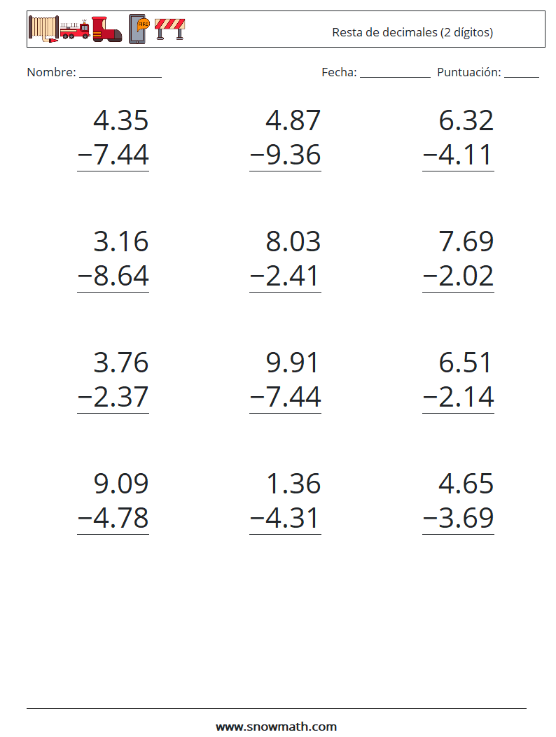 (12) Resta de decimales (2 dígitos) Hojas de trabajo de matemáticas 1