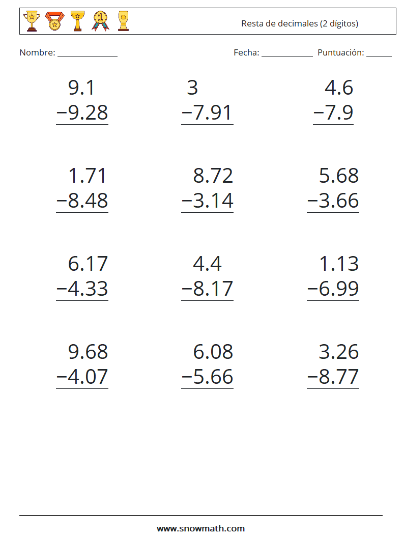 (12) Resta de decimales (2 dígitos) Hojas de trabajo de matemáticas 10