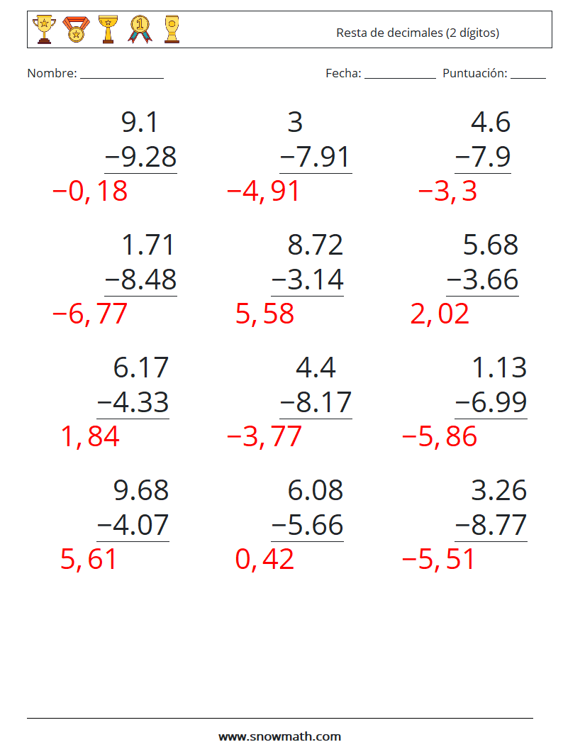 (12) Resta de decimales (2 dígitos) Hojas de trabajo de matemáticas 10 Pregunta, respuesta