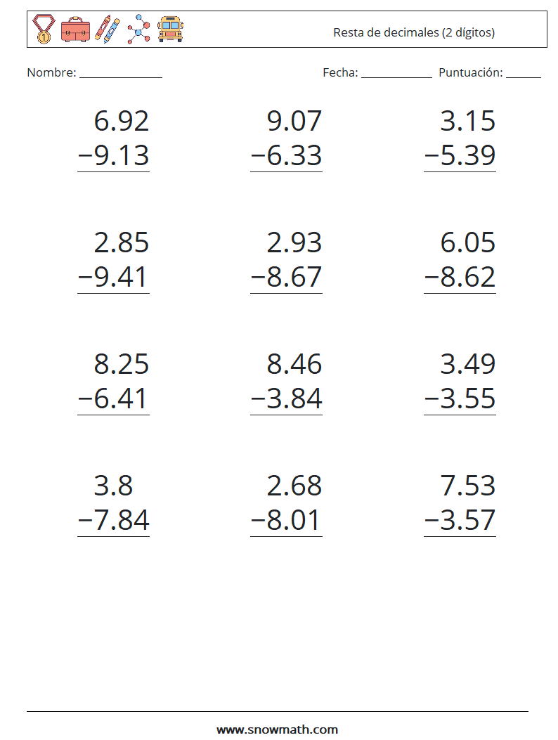 (12) Resta de decimales (2 dígitos) Hojas de trabajo de matemáticas 11