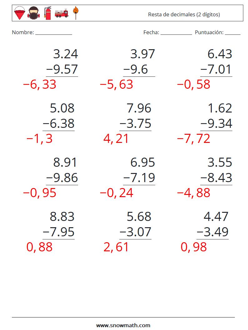 (12) Resta de decimales (2 dígitos) Hojas de trabajo de matemáticas 12 Pregunta, respuesta