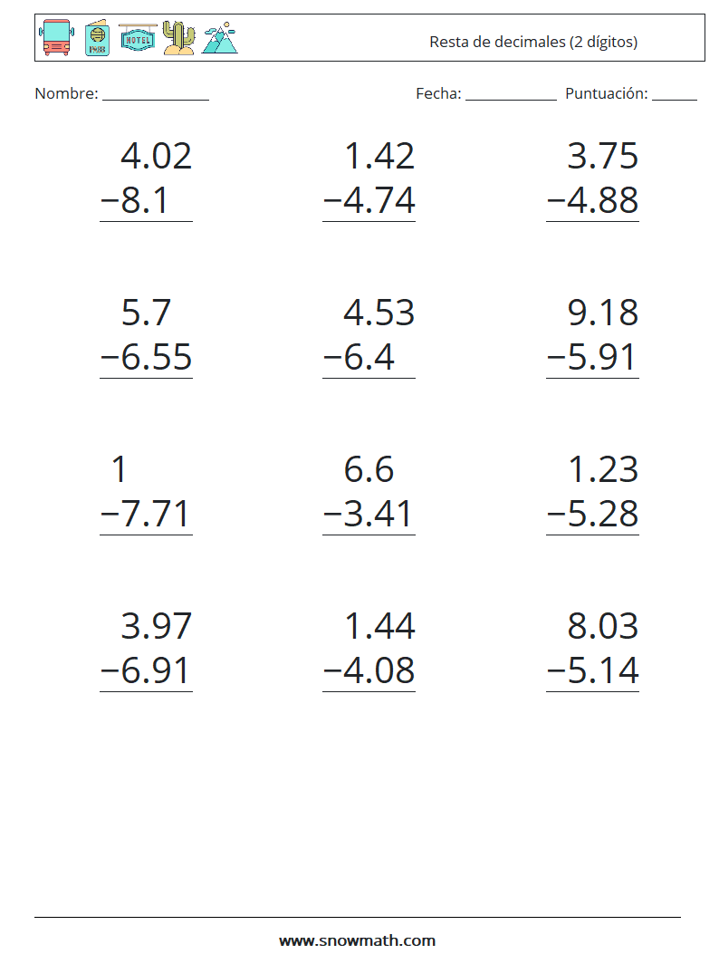 (12) Resta de decimales (2 dígitos) Hojas de trabajo de matemáticas 13