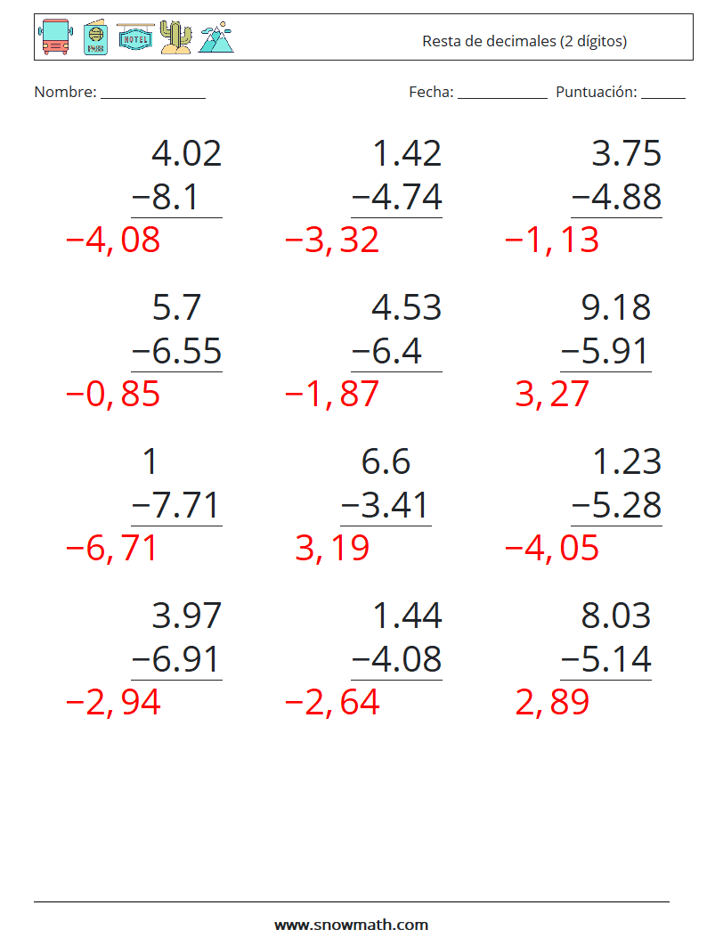 (12) Resta de decimales (2 dígitos) Hojas de trabajo de matemáticas 13 Pregunta, respuesta