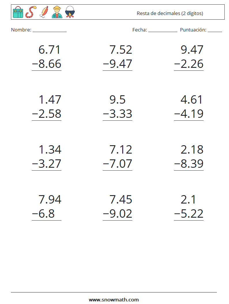 (12) Resta de decimales (2 dígitos) Hojas de trabajo de matemáticas 14