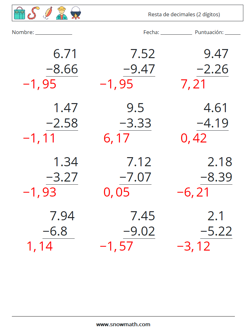 (12) Resta de decimales (2 dígitos) Hojas de trabajo de matemáticas 14 Pregunta, respuesta