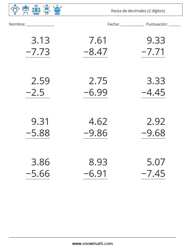 (12) Resta de decimales (2 dígitos) Hojas de trabajo de matemáticas 15