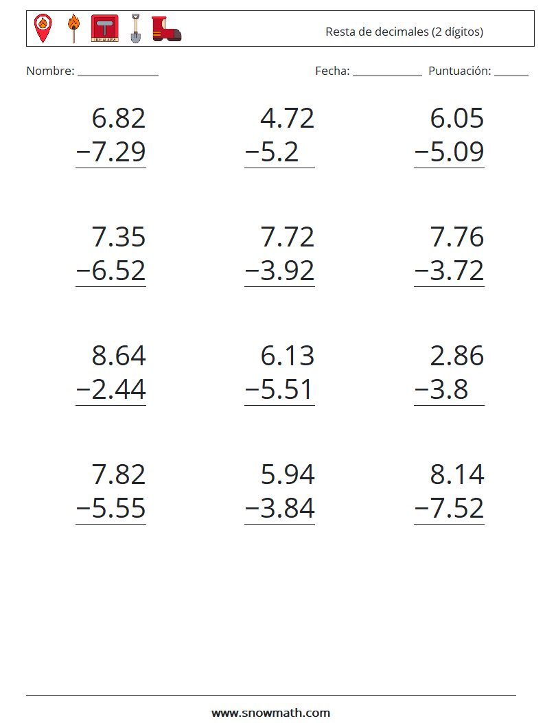 (12) Resta de decimales (2 dígitos) Hojas de trabajo de matemáticas 16