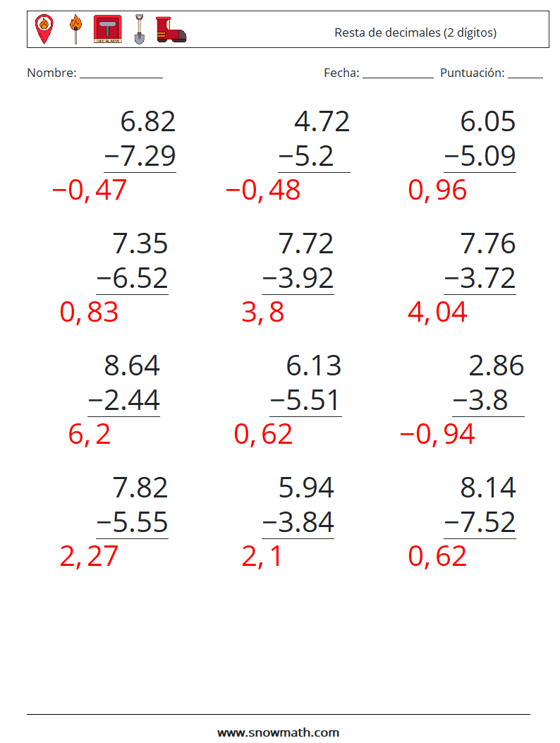 (12) Resta de decimales (2 dígitos) Hojas de trabajo de matemáticas 16 Pregunta, respuesta