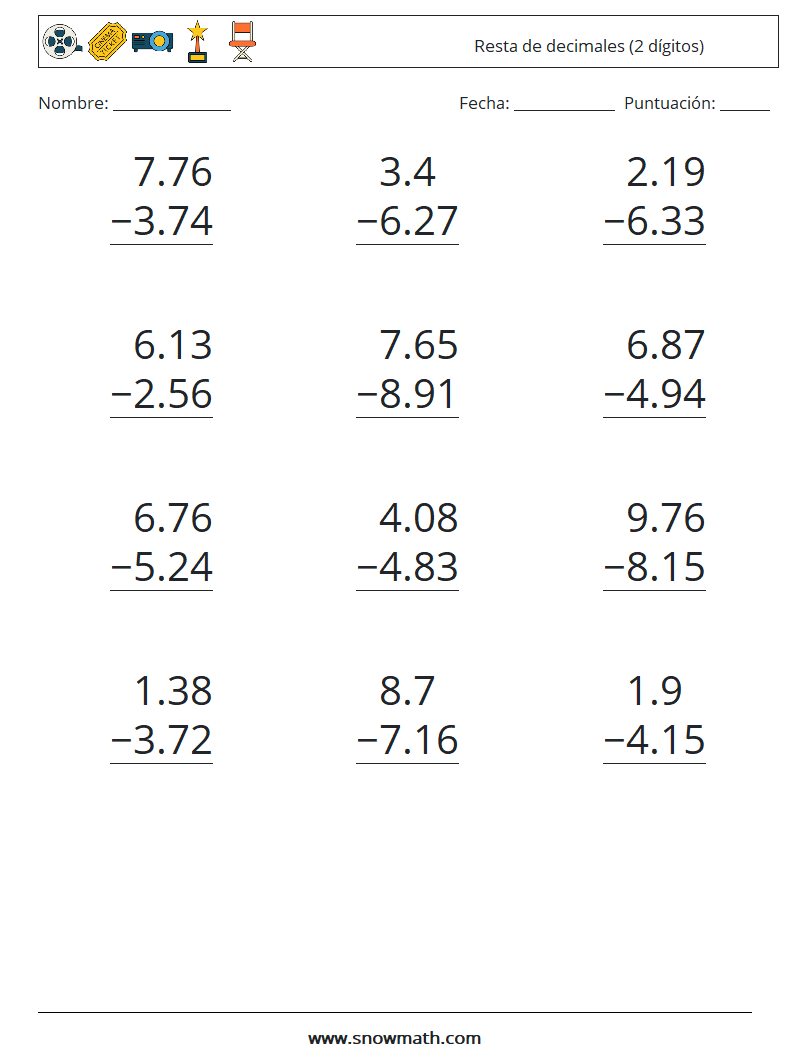 (12) Resta de decimales (2 dígitos) Hojas de trabajo de matemáticas 17