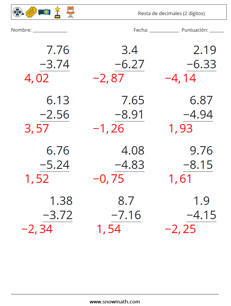 (12) Resta de decimales (2 dígitos) Hojas de trabajo de matemáticas 17 Pregunta, respuesta