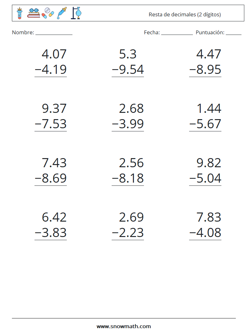 (12) Resta de decimales (2 dígitos) Hojas de trabajo de matemáticas 18