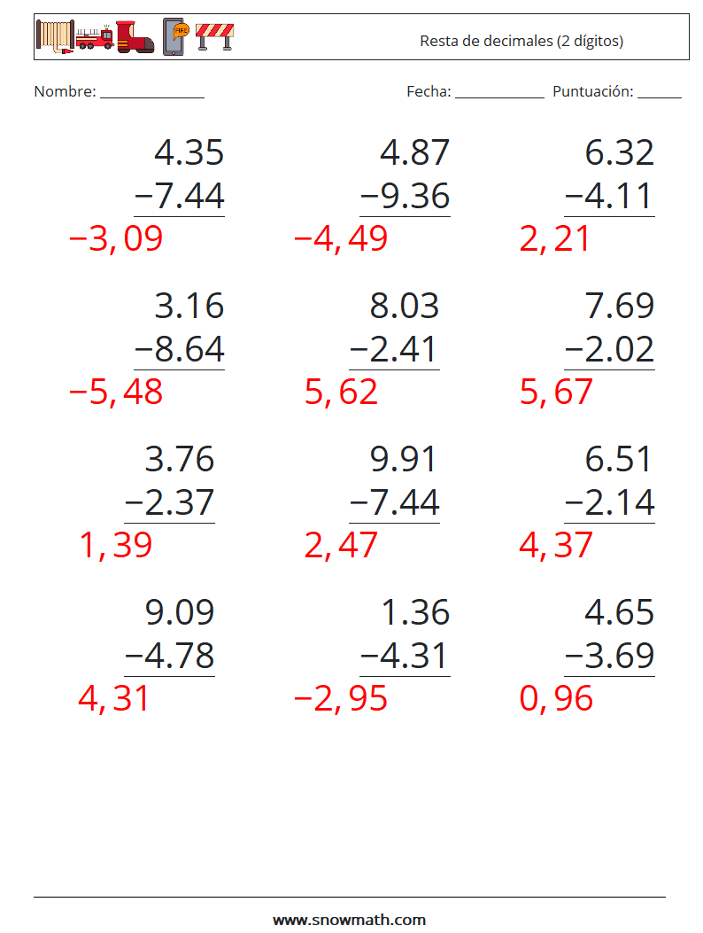 (12) Resta de decimales (2 dígitos) Hojas de trabajo de matemáticas 1 Pregunta, respuesta