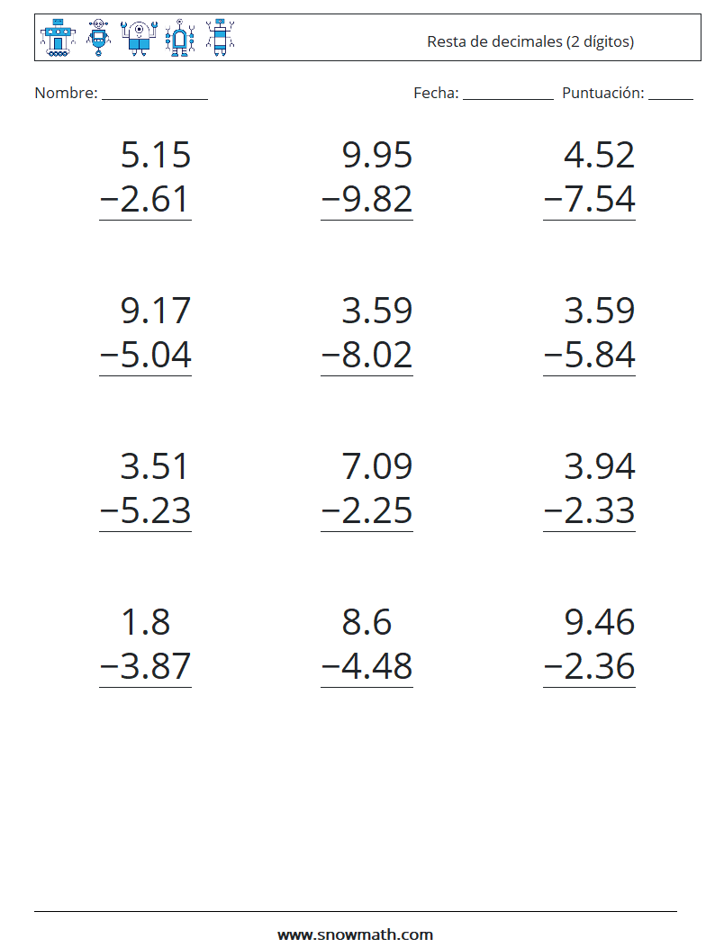 (12) Resta de decimales (2 dígitos) Hojas de trabajo de matemáticas 2