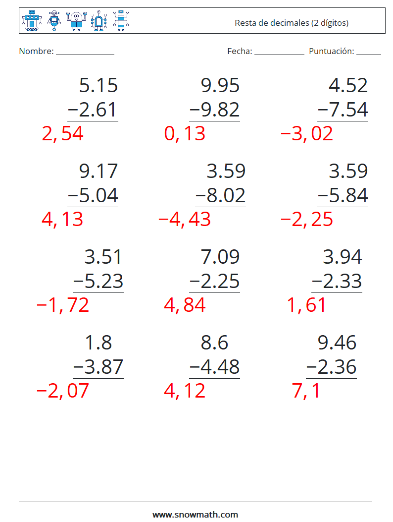 (12) Resta de decimales (2 dígitos) Hojas de trabajo de matemáticas 2 Pregunta, respuesta