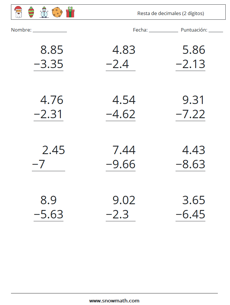 (12) Resta de decimales (2 dígitos) Hojas de trabajo de matemáticas 3