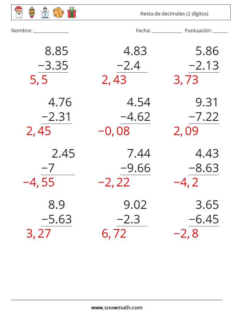 (12) Resta de decimales (2 dígitos) Hojas de trabajo de matemáticas 3 Pregunta, respuesta