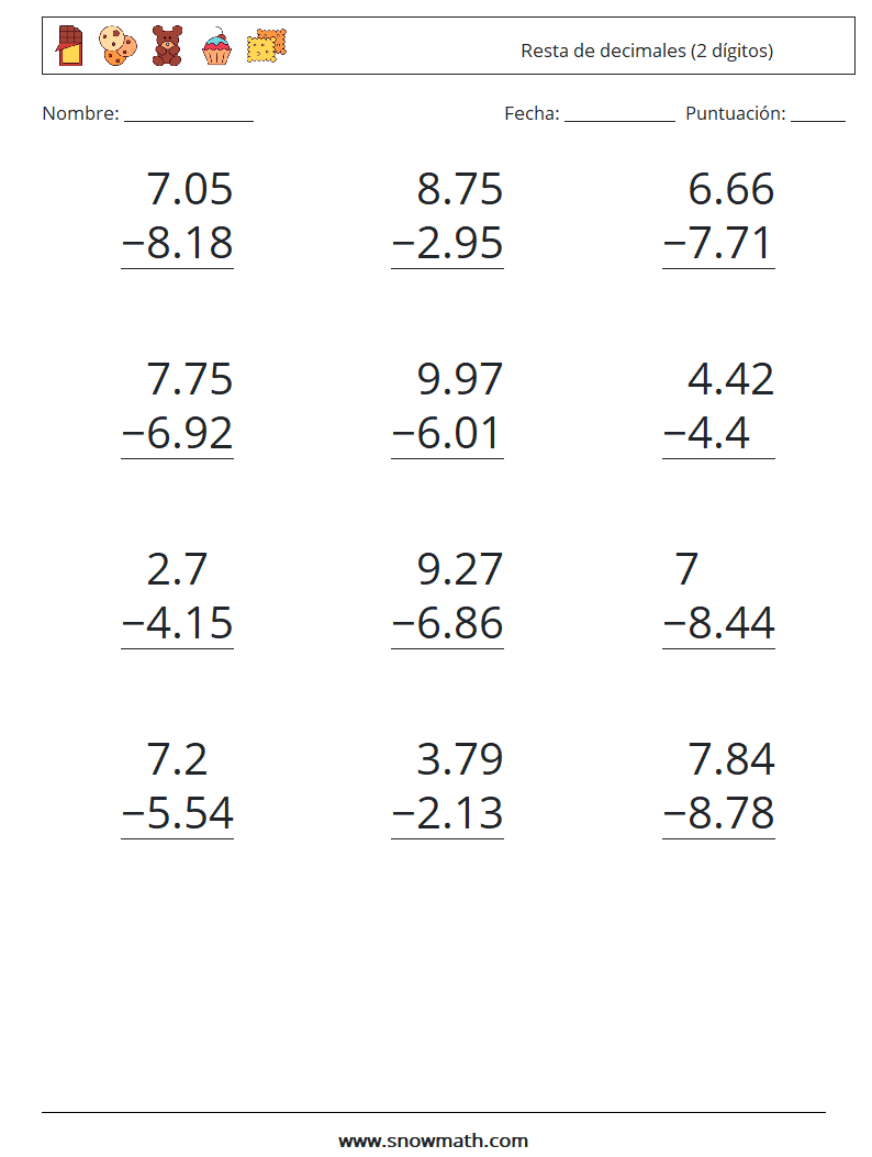 (12) Resta de decimales (2 dígitos) Hojas de trabajo de matemáticas 4