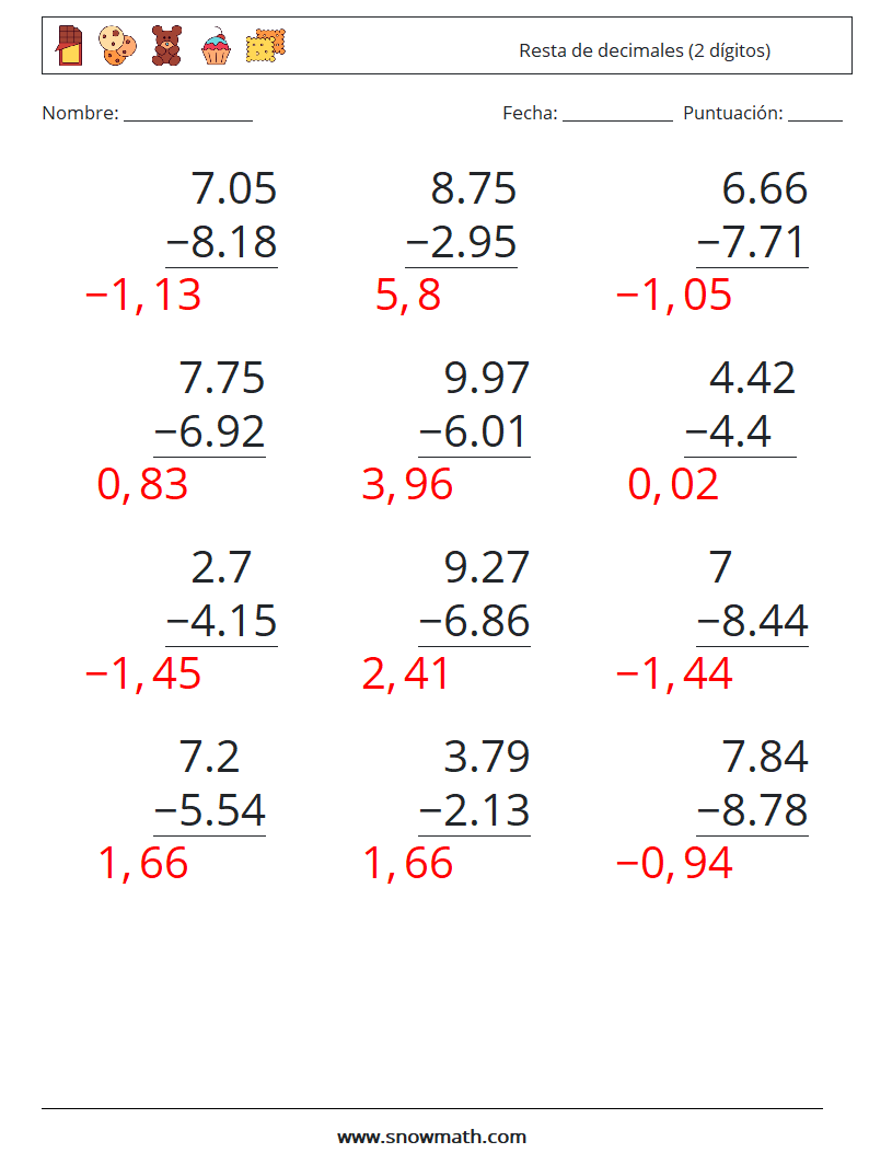 (12) Resta de decimales (2 dígitos) Hojas de trabajo de matemáticas 4 Pregunta, respuesta