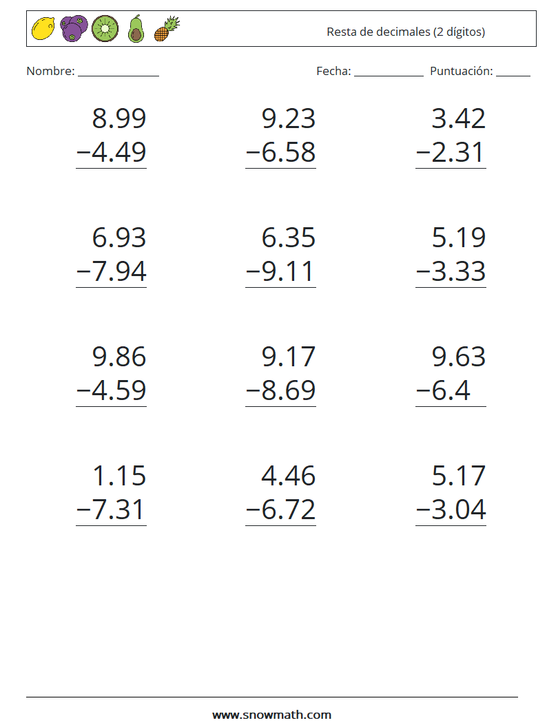 (12) Resta de decimales (2 dígitos) Hojas de trabajo de matemáticas 5