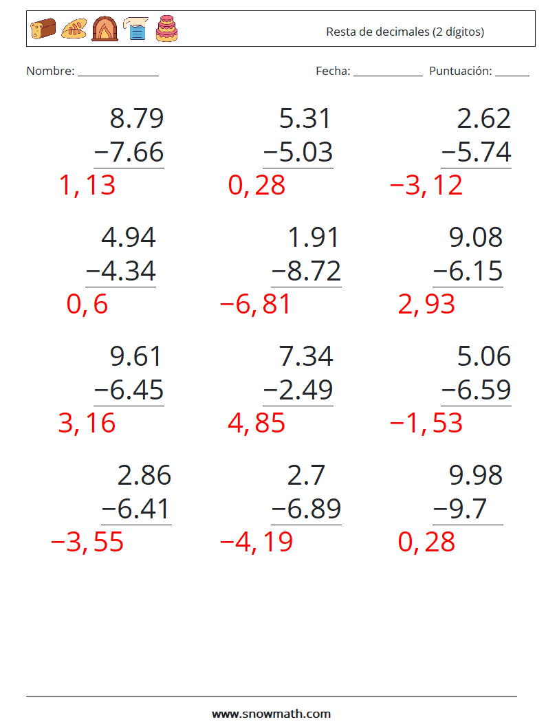 (12) Resta de decimales (2 dígitos) Hojas de trabajo de matemáticas 6 Pregunta, respuesta