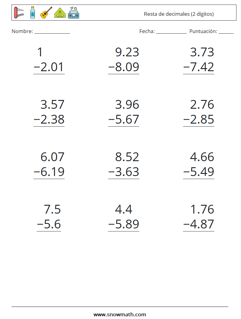 (12) Resta de decimales (2 dígitos) Hojas de trabajo de matemáticas 7