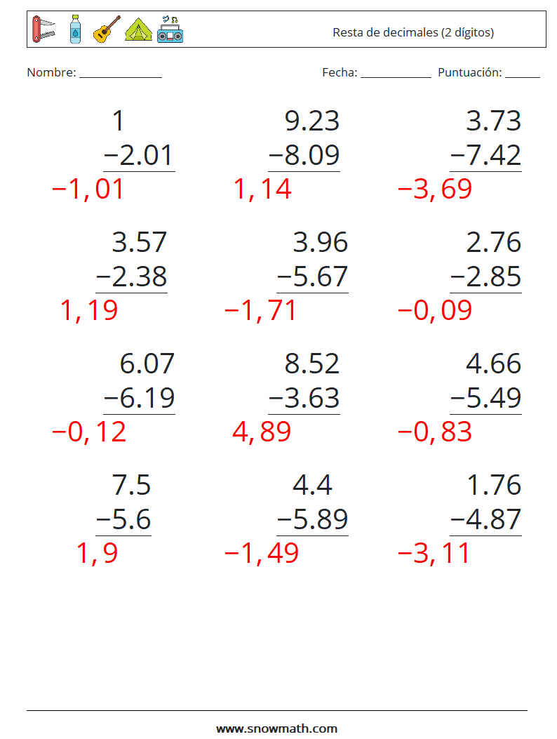 (12) Resta de decimales (2 dígitos) Hojas de trabajo de matemáticas 7 Pregunta, respuesta