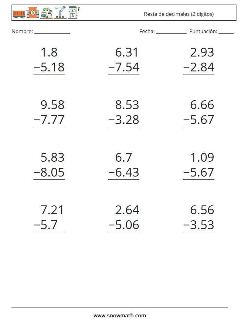 (12) Resta de decimales (2 dígitos) Hojas de trabajo de matemáticas 8