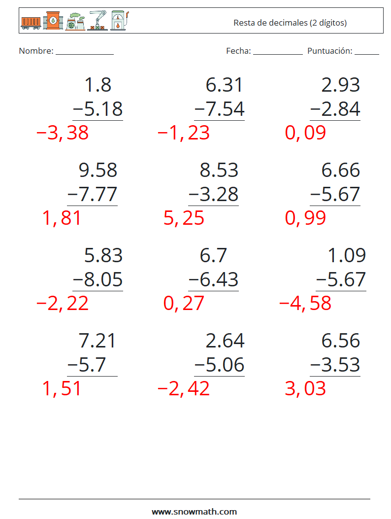 (12) Resta de decimales (2 dígitos) Hojas de trabajo de matemáticas 8 Pregunta, respuesta