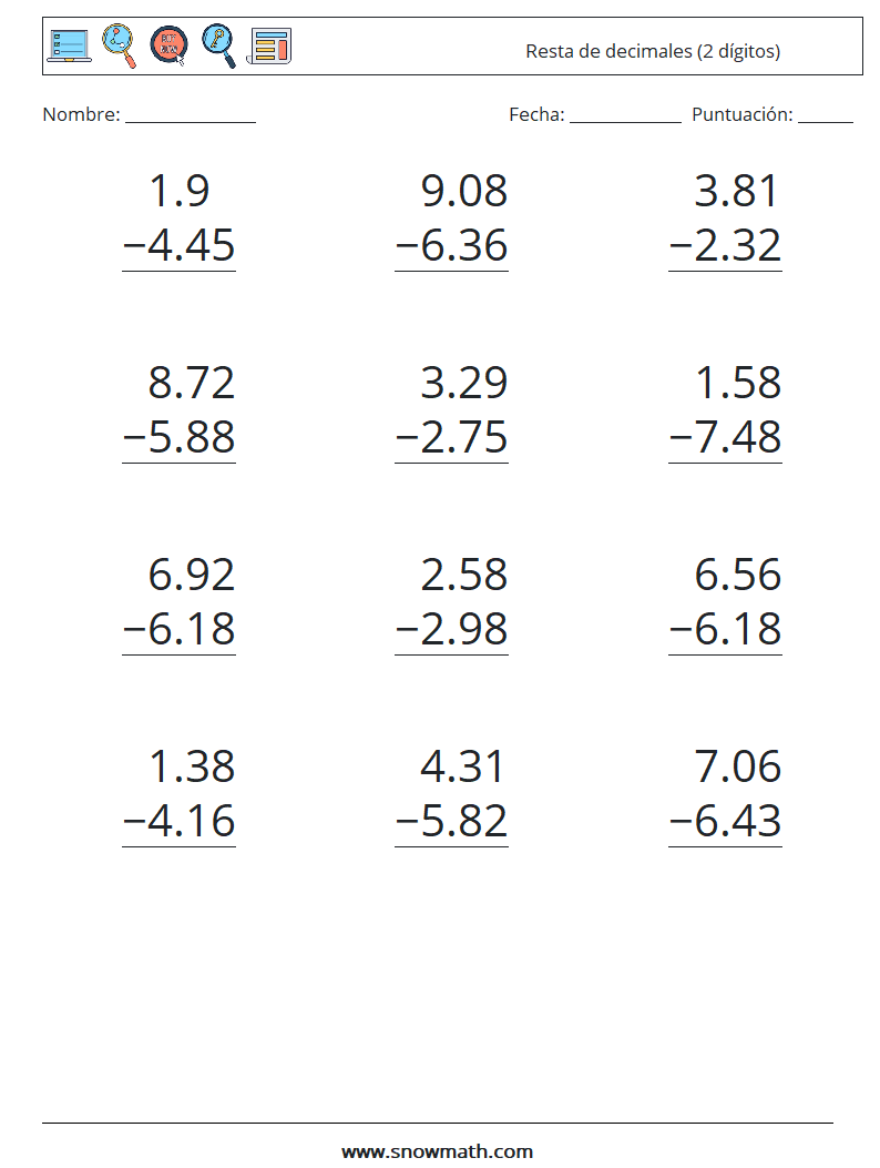 (12) Resta de decimales (2 dígitos) Hojas de trabajo de matemáticas 9