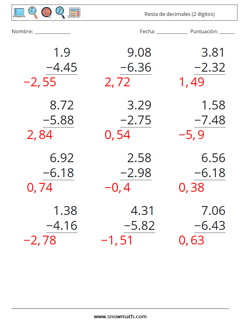 (12) Resta de decimales (2 dígitos) Hojas de trabajo de matemáticas 9 Pregunta, respuesta