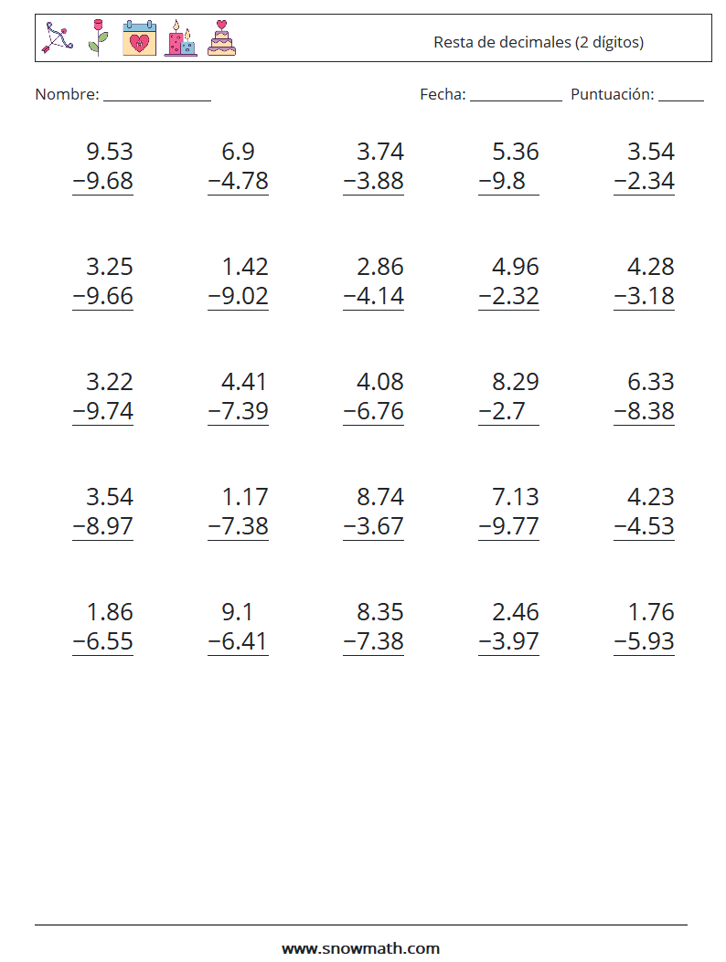 (25) Resta de decimales (2 dígitos) Hojas de trabajo de matemáticas 1