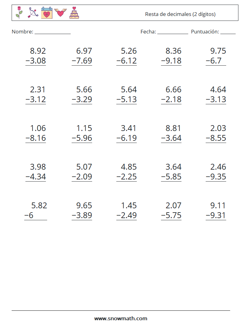 (25) Resta de decimales (2 dígitos) Hojas de trabajo de matemáticas 11