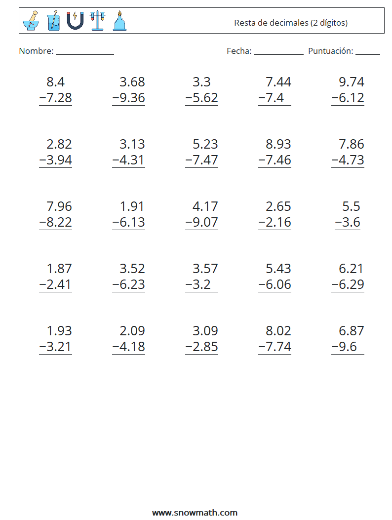 (25) Resta de decimales (2 dígitos) Hojas de trabajo de matemáticas 12