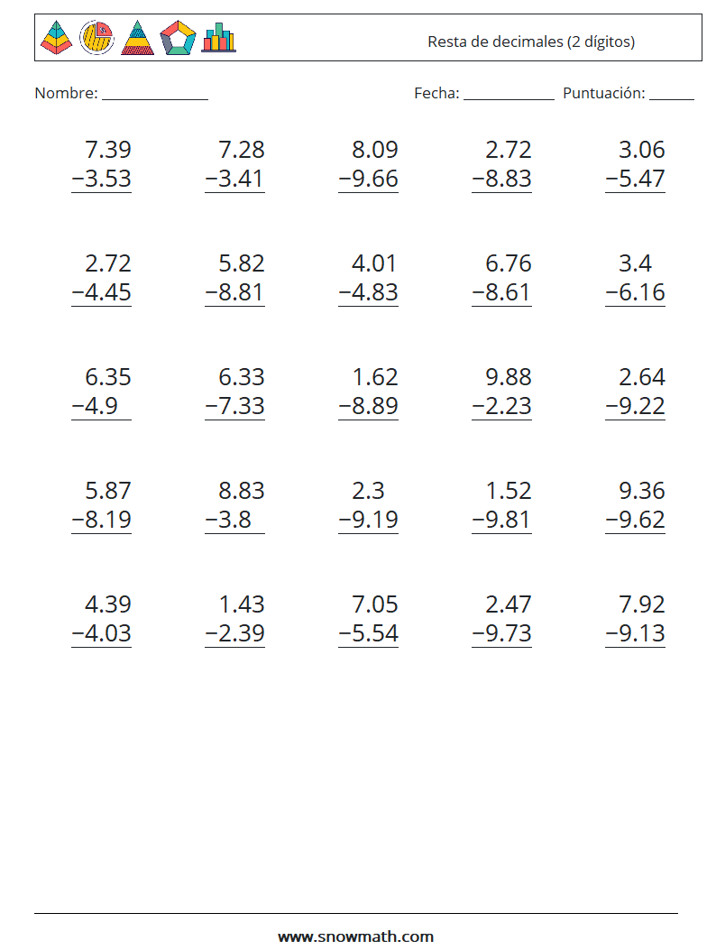 (25) Resta de decimales (2 dígitos) Hojas de trabajo de matemáticas 13