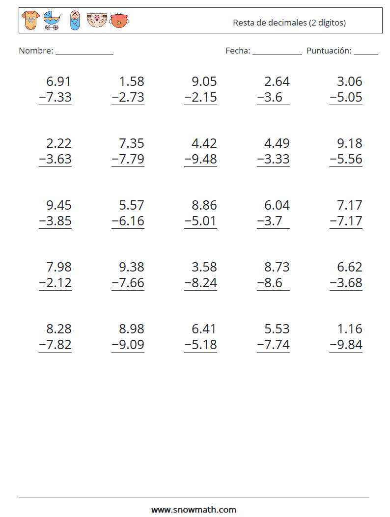 (25) Resta de decimales (2 dígitos) Hojas de trabajo de matemáticas 14