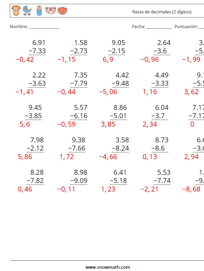 (25) Resta de decimales (2 dígitos) Hojas de trabajo de matemáticas 14 Pregunta, respuesta