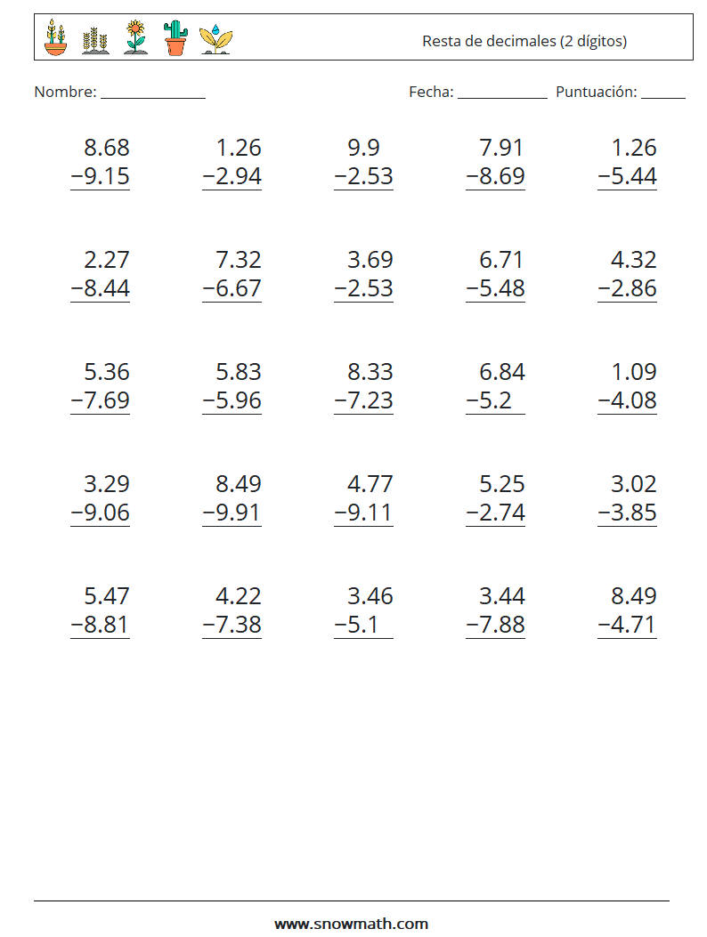 (25) Resta de decimales (2 dígitos) Hojas de trabajo de matemáticas 15