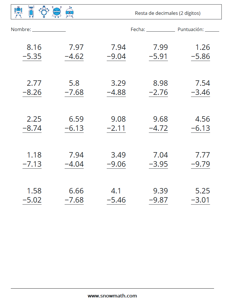 (25) Resta de decimales (2 dígitos) Hojas de trabajo de matemáticas 16