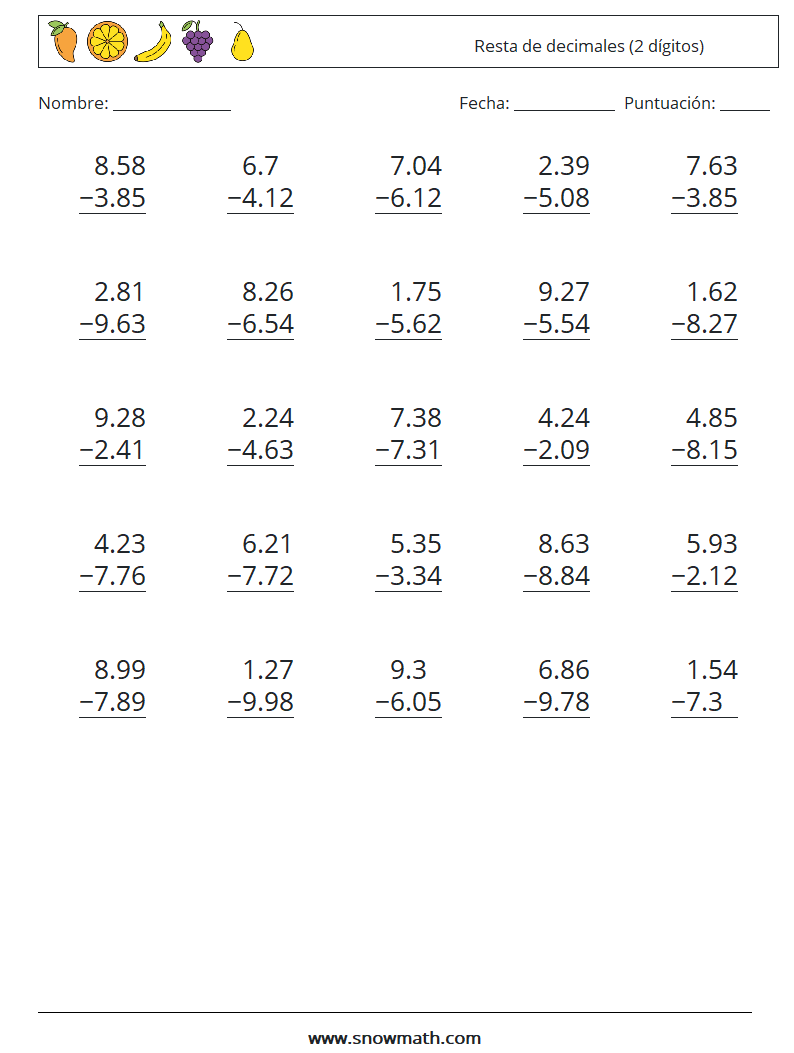 (25) Resta de decimales (2 dígitos) Hojas de trabajo de matemáticas 17