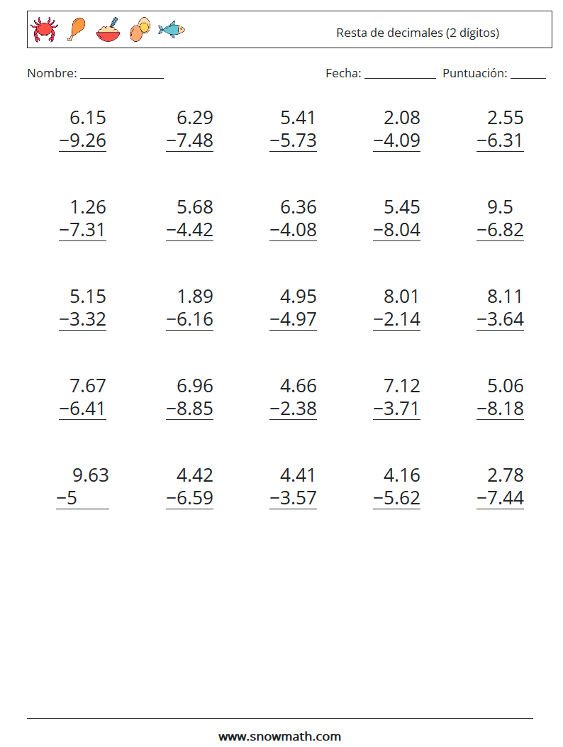 (25) Resta de decimales (2 dígitos) Hojas de trabajo de matemáticas 18