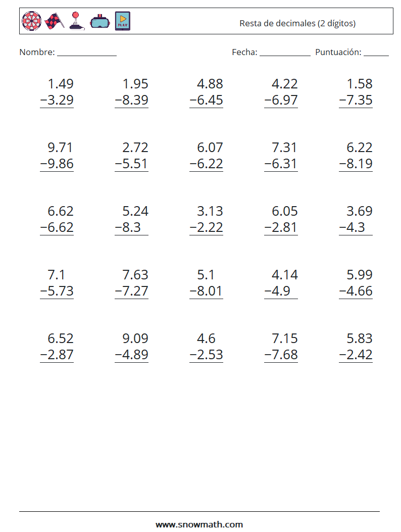 (25) Resta de decimales (2 dígitos) Hojas de trabajo de matemáticas 2