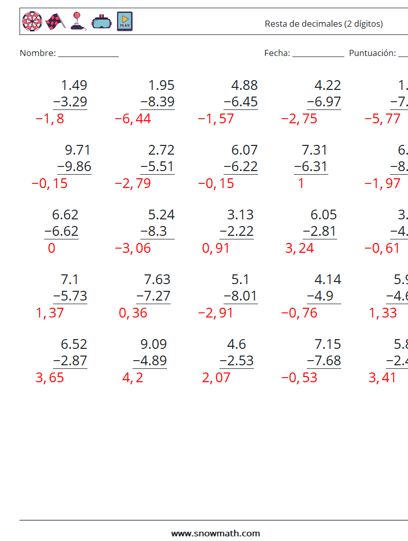 (25) Resta de decimales (2 dígitos) Hojas de trabajo de matemáticas 2 Pregunta, respuesta