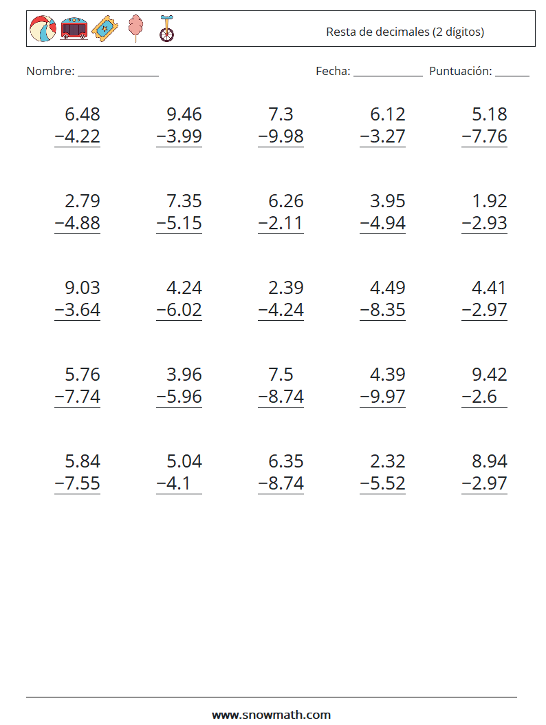 (25) Resta de decimales (2 dígitos) Hojas de trabajo de matemáticas 3