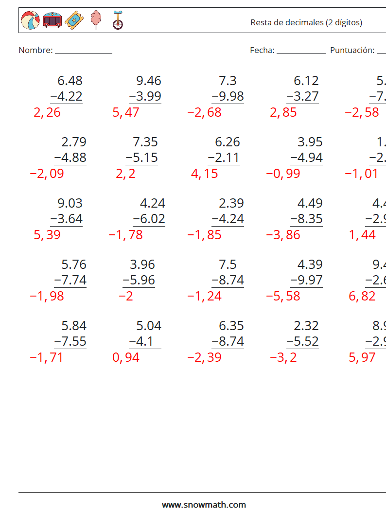 (25) Resta de decimales (2 dígitos) Hojas de trabajo de matemáticas 3 Pregunta, respuesta