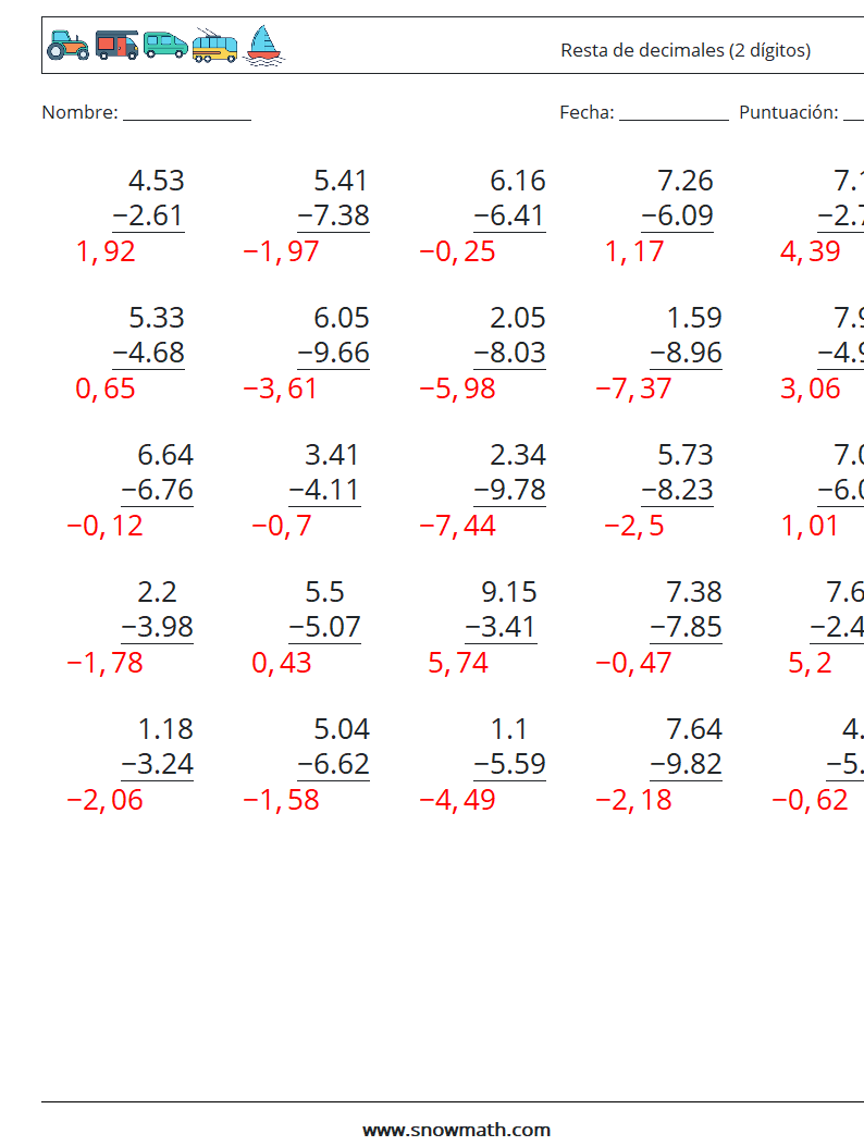 (25) Resta de decimales (2 dígitos) Hojas de trabajo de matemáticas 4 Pregunta, respuesta