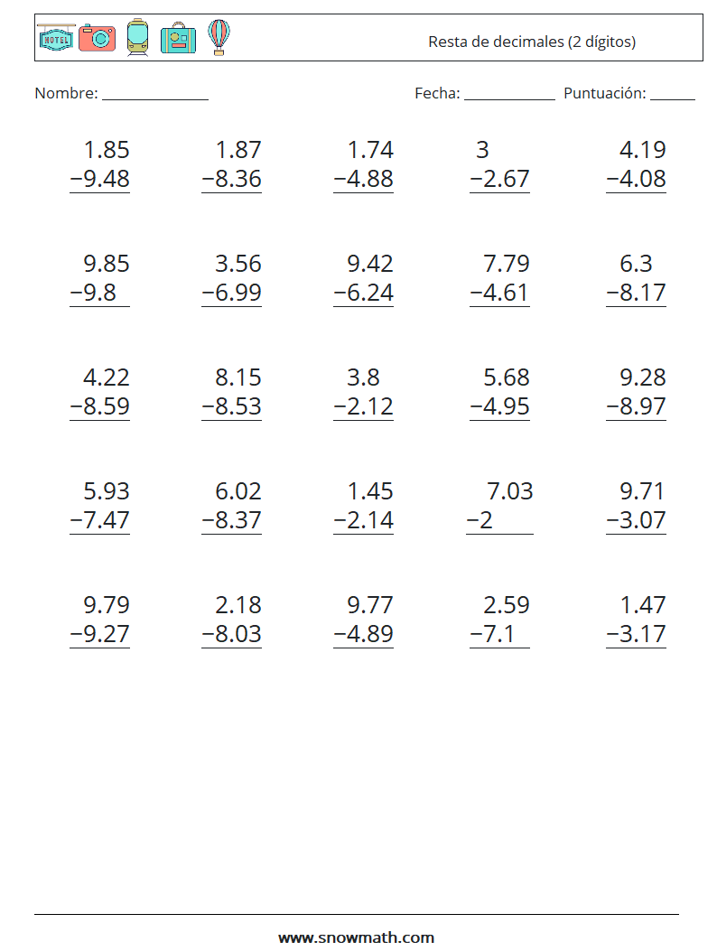 (25) Resta de decimales (2 dígitos) Hojas de trabajo de matemáticas 5