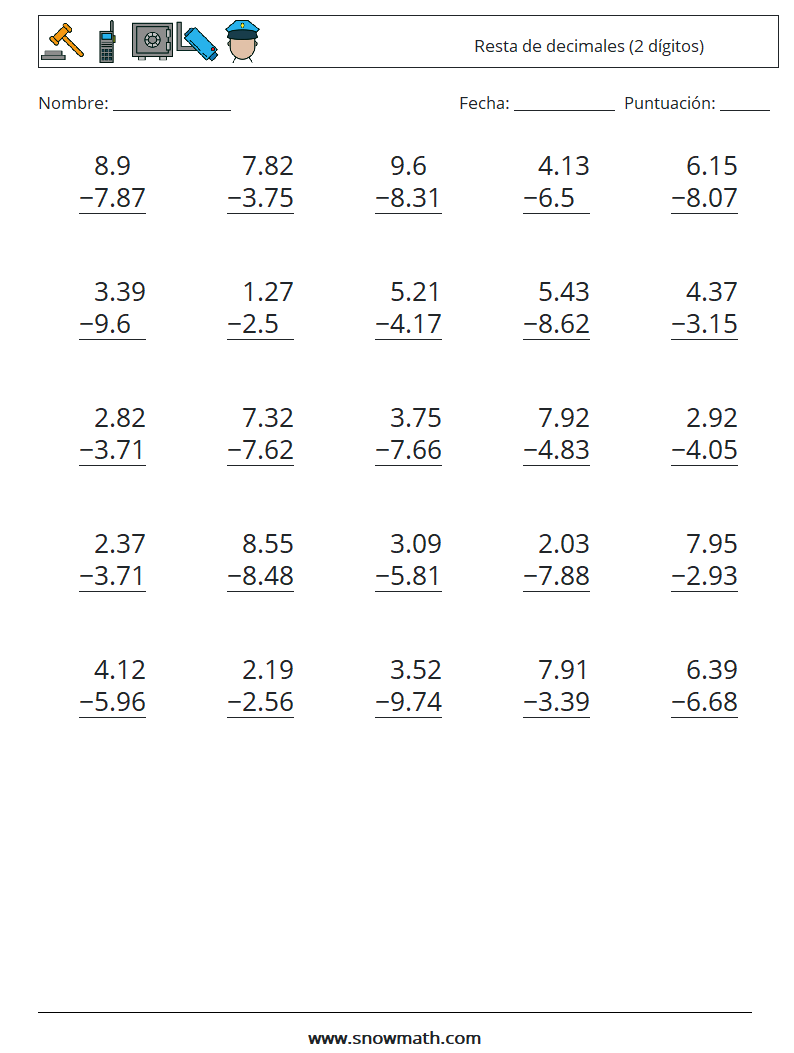 (25) Resta de decimales (2 dígitos) Hojas de trabajo de matemáticas 6